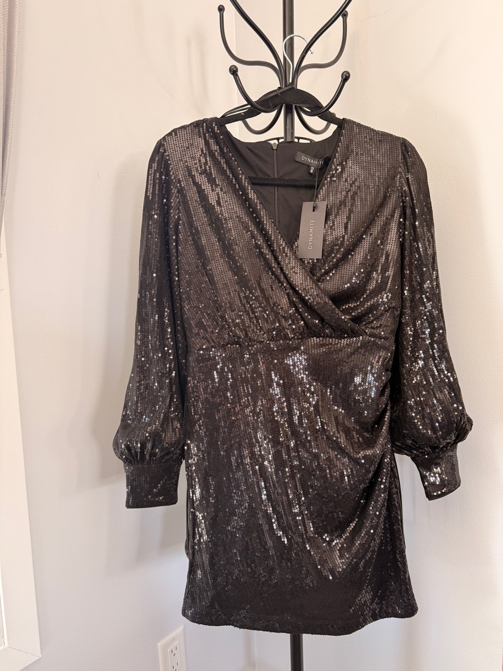 Dynamite Black Sequined Wrap-Front Midi Dress